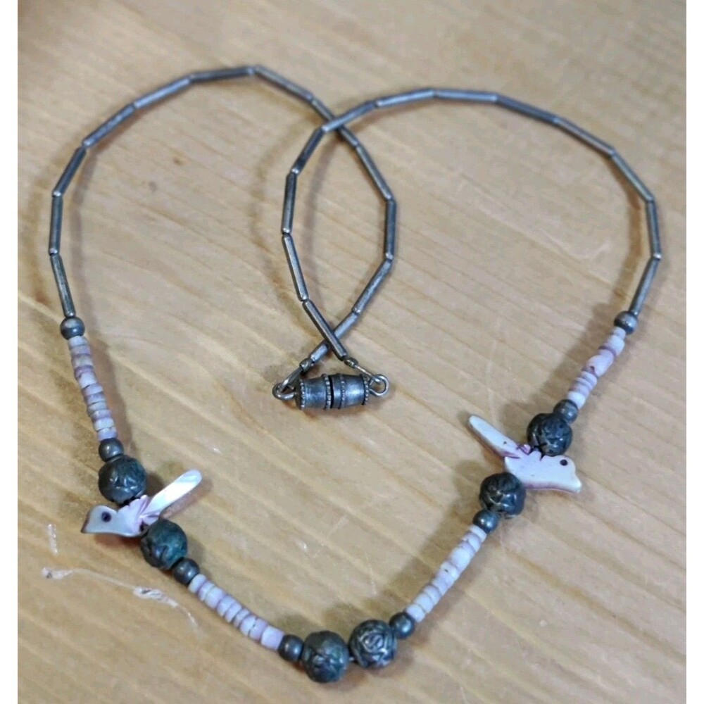 VTG Southwest MOP Bird Fetish Beaded Liquid silver necklace 14" Unmarked